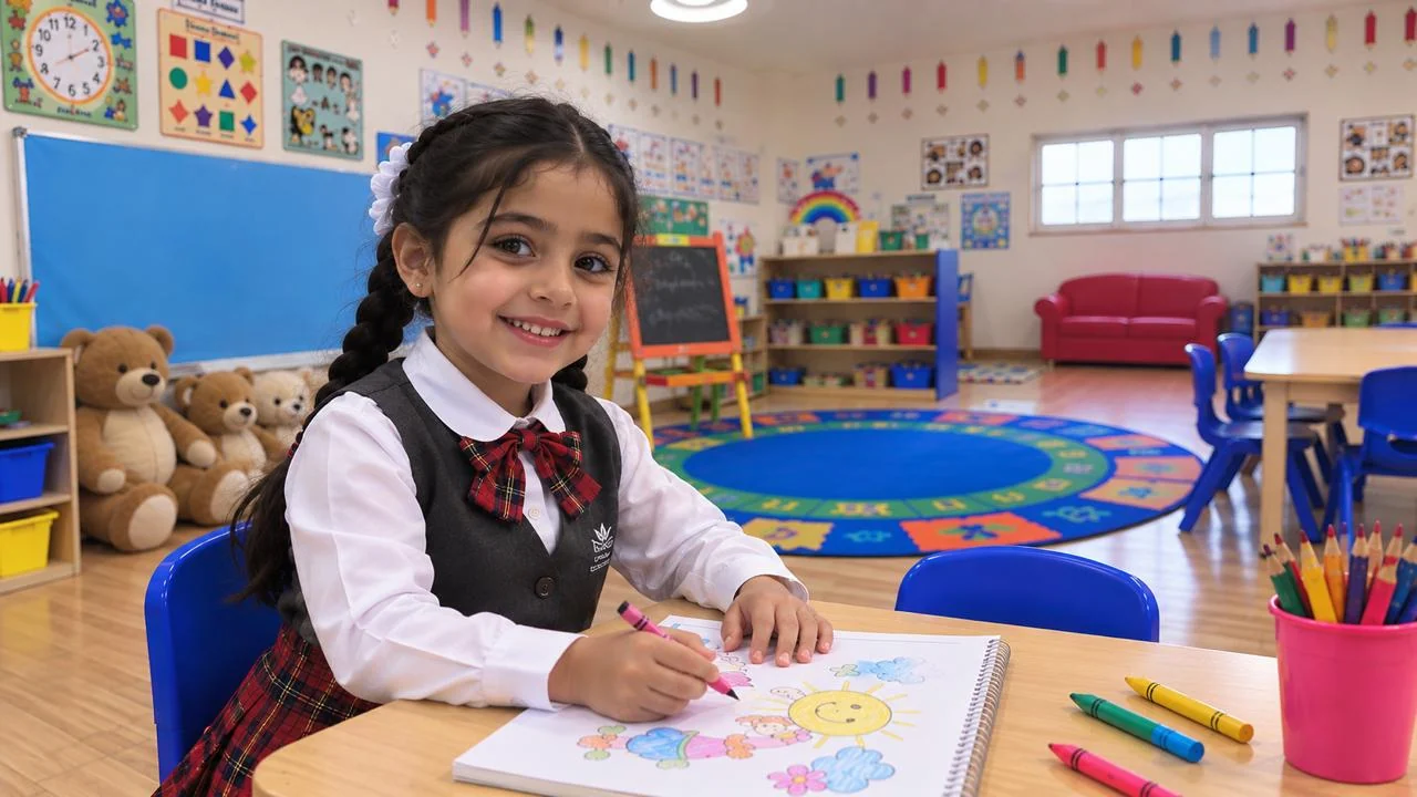 طفلة ترسم وتلوّن في الفصل