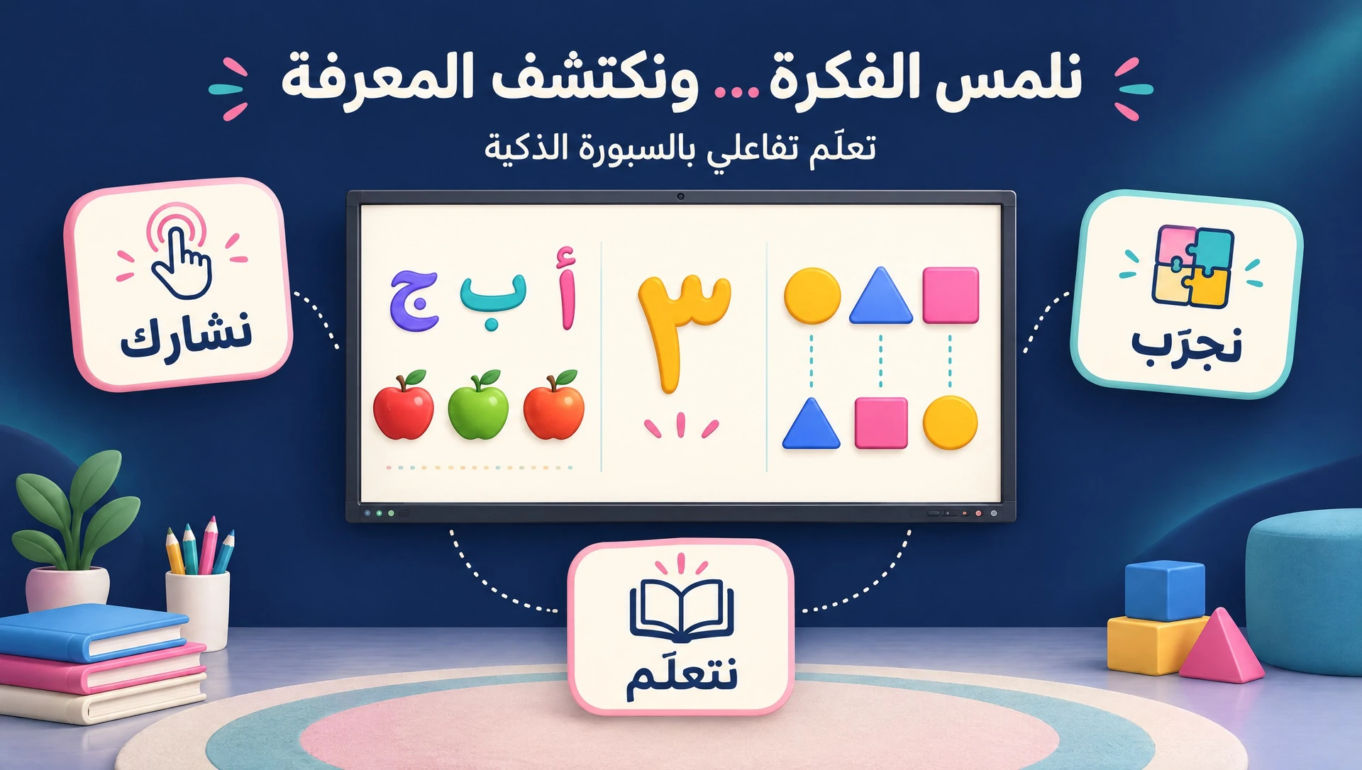 نلمس الفكرة ونكتشف المعرفة. تعلّم تفاعلي بالسبورة الذكية: نشارك، نجرّب، نتعلّم، مع أنشطة الحروف والأرقام والأشكال.